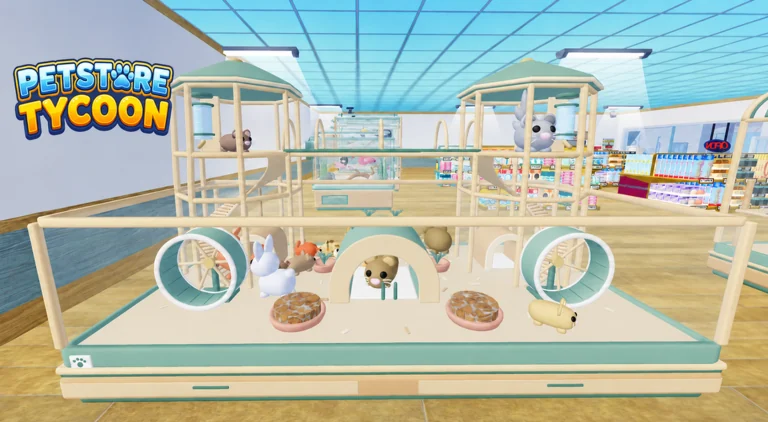 Official Pet Store Tycoon promotional image showing hamster enclosures inside the Roblox shop.